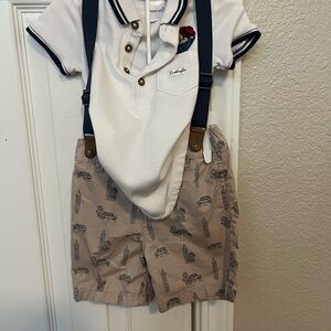 Paddington Bear White Polo with Tan Printed Shorts and Suspenders